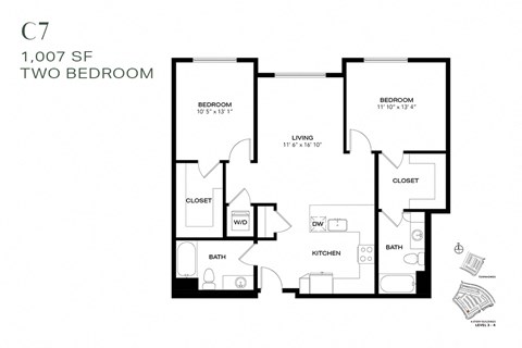 Floor plan for 2 beds, 2 baths, 1007 sqft